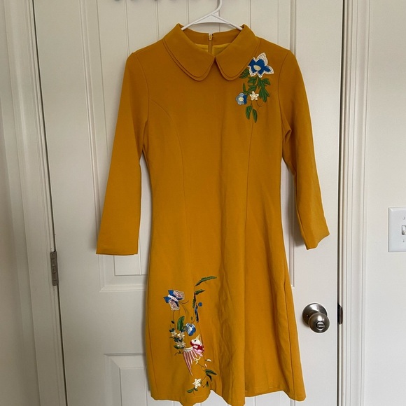 Dresses & Skirts - NWOT | Women’s deep yellow floral embroidered shift swing collared dress medium